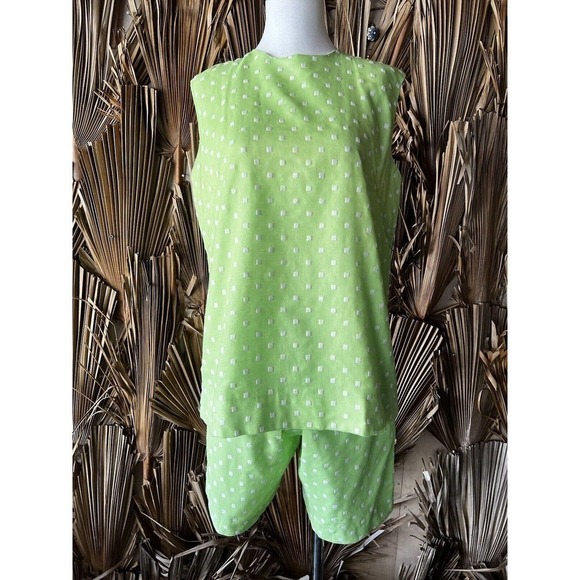 Vintage Dresses & Skirts - Vintage Neon Green Shorts Set Polka Dot Print Size Small 1960's